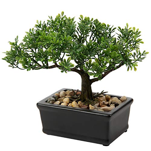 Kunstbonsai Naturgetreue Künstliche Pflanze Kunstbaum Bonsai Zeder Kiefer Podocarpus Plastik Pflanze Kunstpflanze mit Keramik-Übertopf in Schwarz für Baddeko Desktop Büro Fensterbank von Briful