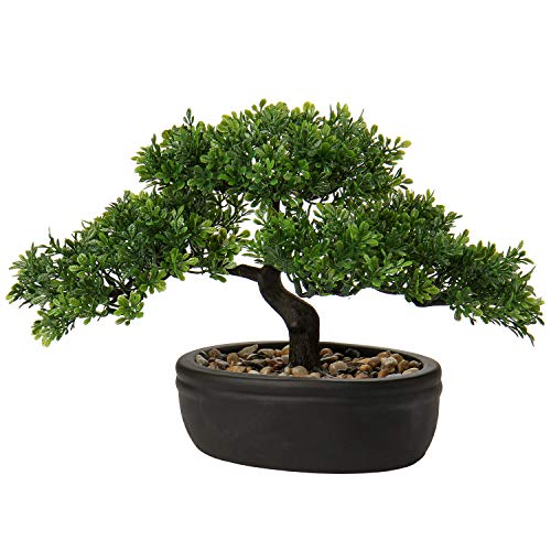 Kunstbonsai Naturgetreue Künstliche Pflanze Kunstbaum Bonsai Zeder Kiefer Podocarpus Plastik Pflanze Kunstpflanze mit Keramik-Übertopf in Schwarz für Baddeko Desktop Büro Fensterbank von Briful