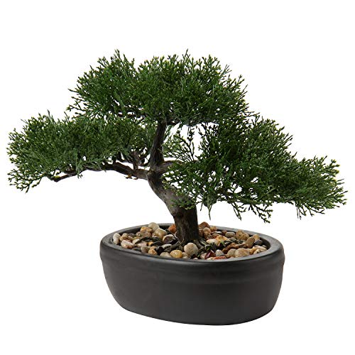 Kunstbonsai Naturgetreue Künstliche Pflanze Kunstbaum Bonsai Zeder Kiefer Podocarpus Plastik Pflanze Kunstpflanze mit Keramik-Übertopf in Schwarz für Baddeko Desktop Büro Fensterbank von Briful