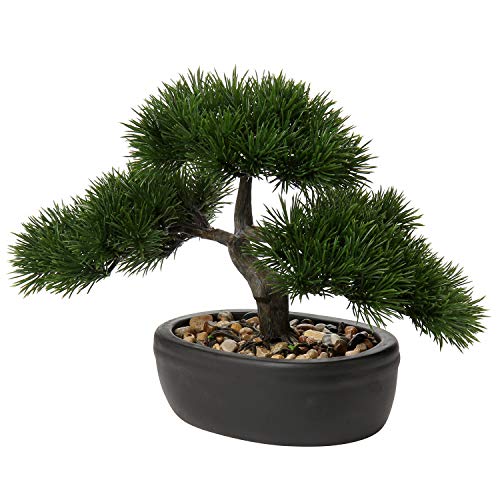 Kunstbonsai Naturgetreue Künstliche Pflanze Kunstbaum Bonsai Zeder Kiefer Podocarpus Plastik Pflanze Kunstpflanze mit Keramik-Übertopf in Schwarz für Baddeko Desktop Büro Fensterbank von Briful