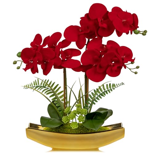 Phalaenopsis Blumen Künstliche Orchidee Bonsai im Topf Gefälschte Blumen Seide Orchidee Blume für Tischdekoration Wohnzimmer Wohnkultur (Rot, Goldener Topf) von Briful