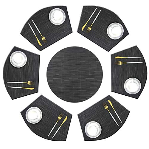 Bright Dream Keilförmige Tischsets mit Mittelstück für den Esstisch, gewebtes Vinyl, leicht zu reinigen, hitzebeständig, Tischsets (1 runde Tischsets und 6 keilförmige Tischsets, schwarz) von Bright Dream
