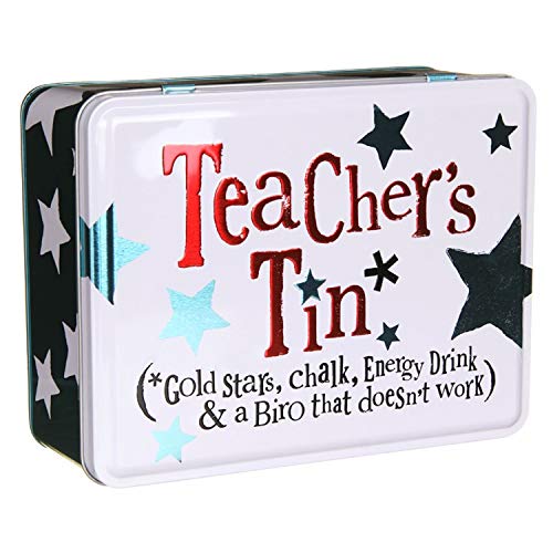 The Bright Side Blechdose für Lehrer, mit Aufschrift „Teacher‘s Tin* (*Gold Stars, Chalk, Energy Drink & Biro that doesn't work)“ gold von Bright Side