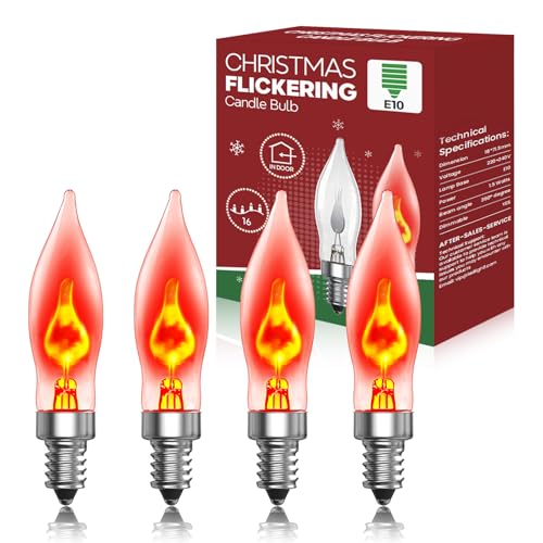BrightArk E10 Glühbirne Kerze Flackernd, Topkerze Ersatzbirnen Glühbirnen Warmweiß Flammen-Effekt E10 Glühbirne 230V für Schwibbogen Weihnachtsdekoration (4-Stück) von BrightArk