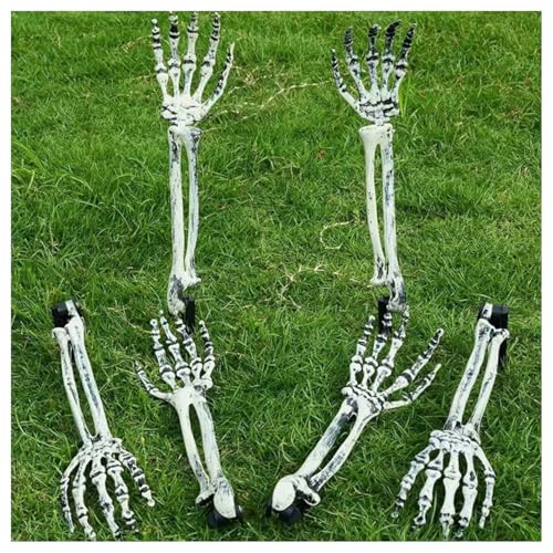 BrightGlow Halloween Skelett Hände Halloween Deko Skeleton Bewegliche Gelenke Pfahl Realistische Arm Requisite Garten Gruselig Deko für Friedhof Hof Rasen Garten Außendekoration Weiß 1-Paare von BrightGlow
