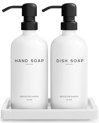 Brighter Barns Hand- und Spülseifenspender-Set aus weißem Glas – Küchenseifenspender-Set mit Tablett für Küche, Zuhause oder Ferienwohnung – Moderne Küchendekoration und Zubehör (weiß) von Brighter Barns