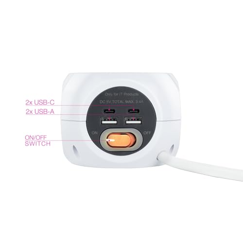 Steckdosenleiste mit 4 USB-Anschlüssen und einem Schalter zur einfachen Steuerung - Ideal zum gleichzeitigen Anschluss mehrerer Geräte von Brightium