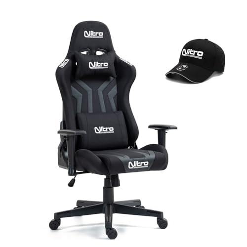 Nitro – Ergonomischer Gaming-Stuhl, Bürostuhl aus Stoff und Kunstleder, verstellbarer Gaming-Stuhl mit Lendenkissen, Kopfstütze, Armlehnen, Hut inklusive, Flyco Pro Schreibtischstuhl (grau/schwarz) von Brigros