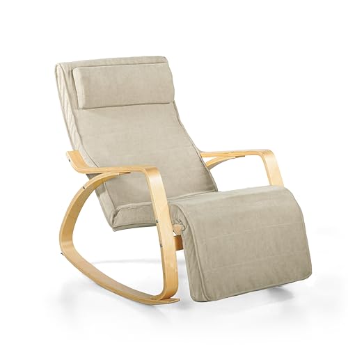 WeHome Swing Amor Schaukelstuhl mit Armlehnen aus Holz, Rocking Chair, Schaukelsessel mit Verstellbarer Fußstütze, Wohnzimmerstuhl, Schlafzimmersessel (Stoff, Beige) von Brigros