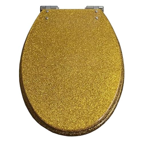 Funkelnder Toilettensitz 16.5" x 14.2", Langsam Schließender Badezimmer-Toilettendeckel Mit Edelstahlscharnier, Langlebiger Runder WC-Sitz Aus Kunstharz, Einfach Montieren Und Reinigen, Gold von Brigtviee