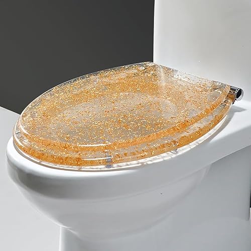 Oval Klobrille 42 x 36 cm, Komfort-Toilettensitz Mit Langsam Schließendem Toilettendeckel, Transparenter WC-Sitz Aus Kunstharz Mit Verstellbarem Scharnier, Badezimmer-Toilettenbezug, Gold von Brigtviee