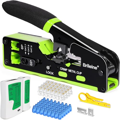 Brileine Ethernet-Crimpwerkzeug-Set, RJ45-Crimpwerkzeug-Set für Cat6/Cat 5/RJ45-Stecker mit 50 RJ45-Pass-Through-Steckern, 50 Abdeckungen, Mini-Abisolierzange (Ethernet-Crimper) von Brileine