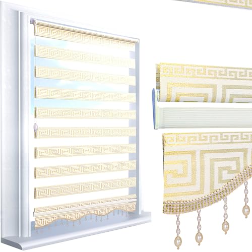 Brillant® Doppelrollo Klemmfix ohne Bohren – Medusa Barock Muster mit Glitzer, Duo-Rollo Blickdicht & transparent, mit Perlenzug, Fensterrollo für Fenster & Türen Gold Beige 80 x 200 cm (B x L) von Brillant