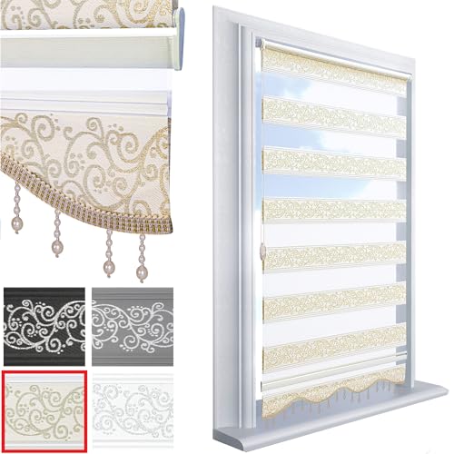 Brillant Doppelrollo Klemmfix ohne Bohren Gold Beige 200 x 90 cm (Länge x Breite) Duorollo Blickdicht mit Perlen, glitzert, Raffrollo Fenster Tür Zebra Perde Klemmrollo Seitenzugrollo von Brillant