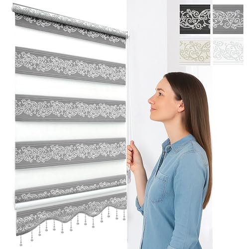 Brillant Doppelrollo Klemmfix ohne Bohren Grau Silber 200 x 50 cm (Länge x Breite) Duorollo Blickdicht mit Perlen, glitzert, Raffrollo Fenster Tür Zebra Perde Klemmrollo Seitenzugrollo von Brillant