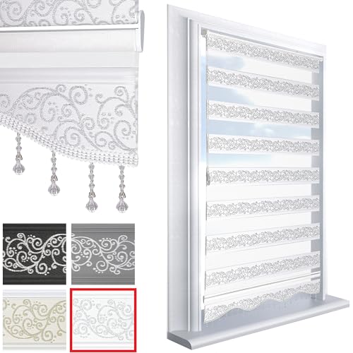 Brillant Doppelrollo Klemmfix ohne Bohren Weiß Silber 200 x 90 cm (Länge x Breite) Duorollo Blickdicht mit Perlen, glitzert, Raffrollo Fenster Tür Zebra Perde Klemmrollo Seitenzugrollo von Brillant