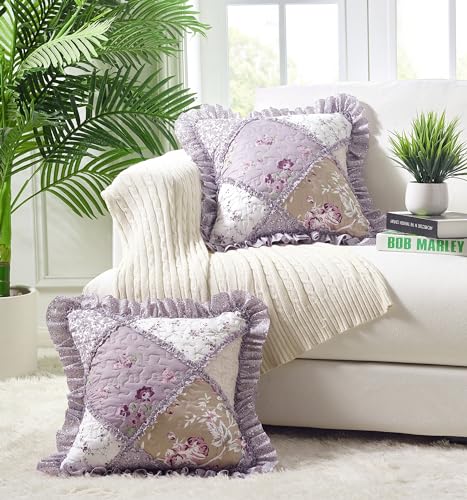 Brilliant Sunshine Lilac and Beige Rose Patchwork Gesteppt Dekorative Quadratische Wurfkissenbezüge Set mit Rüschen Kissen Fall für Couch Sofa Bett, 45,7 x 45,7 cm, 2 Stück, Flieder von Brilliant Sunshine