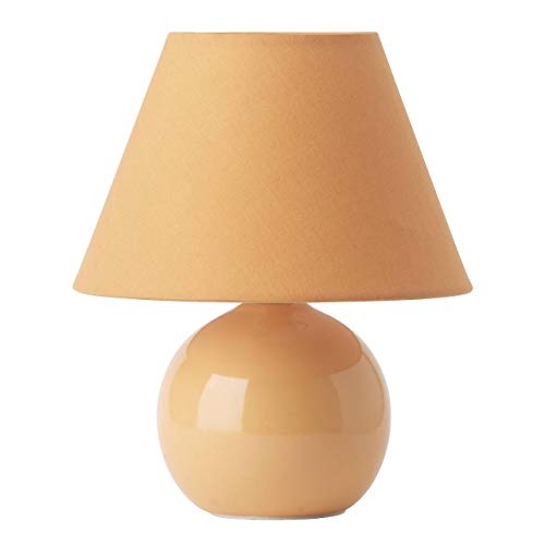 Tischlampe mit Stoffschirm von Brilliant - pfirsichfarbene Lampe mit runder Keramikbasis und E-14-Fassung - orangene Tischleuchte mit praktischem Schnurzwischenschalter - für LED-Leuchtmittel geeignet von Brilliant