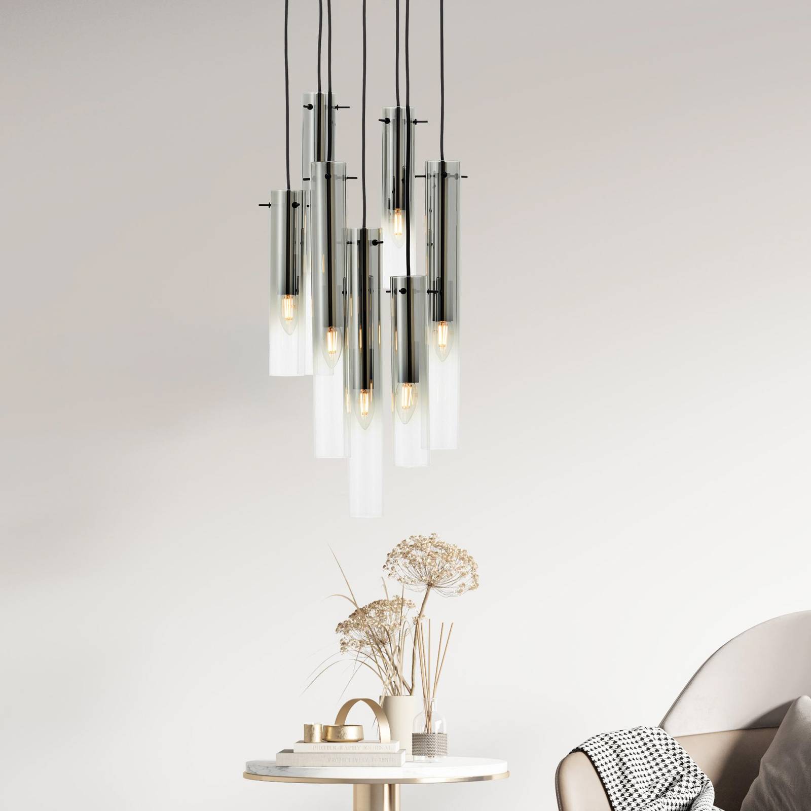 Hängelampe Glasini, Ø 32 cm, rauchgrau, 7-flg., Glas von Brilliant
