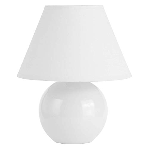 Tischlampe mit Stoffschirm von Brilliant - weiße Lampe mit runder Keramikbasis und E-14-Fassung - weiße Tischleuchte mit praktischem Schnurzwischenschalter - für LED-Leuchtmittel geeignet von Brilliant