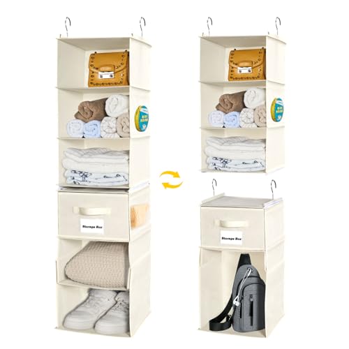 BrilliantJo 6 Fächern hängeregal Kleiderschrank Organizer Flexible 1 Split in 2, Faltbare Hängeaufbewahrung mit 1 Schubladen Eisengestell Hängeorganizer Ordnungssystem Set - Beige 30 x 30 x 110 cm von BrilliantJo