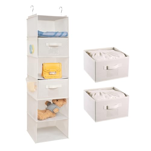 BrilliantJo hängeregal Kleiderschrank Organizer, Faltbare Hängeaufbewahrung 6 Fächern mit 2 entfernbaren Schubladen Eisengestell Hängeorganizer Ordnungssystem Set - Beige 30 x 30 x 110 cm von BrilliantJo