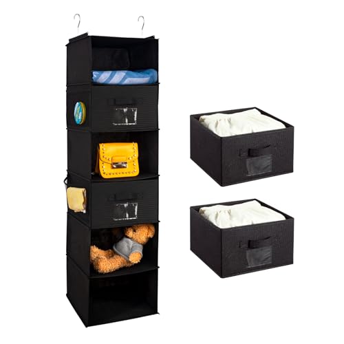 BrilliantJo hängeregal Kleiderschrank Organizer, Faltbare Hängeaufbewahrung 6 Fächern mit 2 entfernbaren Schubladen Eisengestell Hängeorganizer Ordnungssystem Set - Schwarz 30 x 30 x 110 cm von BrilliantJo