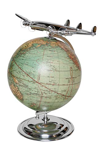 Brillibrum Design Globus mit Metall Flugzeug Art Déco Antiklook Modellflugzeug Erde Welt Weltkugel rotierende Erdkugel Geschenkidee Reisen von Brillibrum