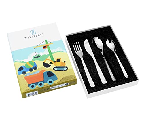 Brillibrum Design Kinderbesteck 4er Set aus Edelstahl Spühlmaschinenfest mit Namen Besteck mit Motiven Kinder Besteck Set (Gravur bis 20 Zeichen, Baufahrzeuge) von Brillibrum