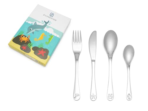 Brillibrum Design Kinderbesteck 4er Set aus Edelstahl Spühlmaschinenfest mit Namen Besteck mit Motiven Kinder Besteck Set (Ohne Gravur, Meerestiere) von Brillibrum