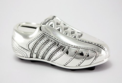 Brillibrum Design Spardose Fußballschuh versilbert glänzend Metall-Sparbüchse mit Namen personalisiert Fußball-Club Gelddose Kinder-Sparschwein mit Gravur von Brillibrum