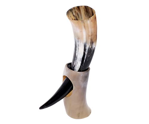 Brillibrum Design Trinkhorn Becher echtes Kuhhorn poliert mit Griff Wikinger Becher Trink-Gefäß aus Horn Bierkrug Mittelalter Unikat Horntasse Met (200 ml, Kuhhorn mit Hornständer) von Brillibrum