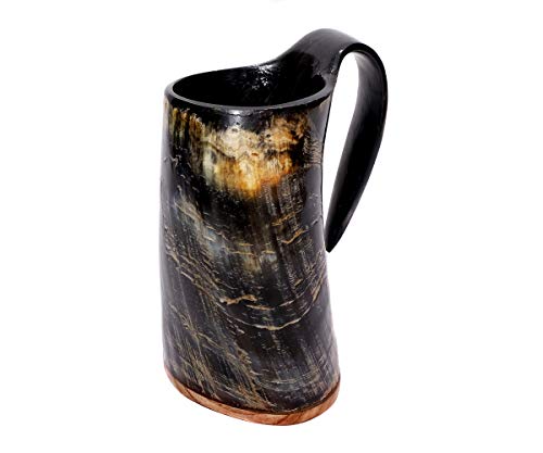 Brillibrum Design Trinkhorn Becher echtes Kuhhorn poliert mit Griff Wikinger Becher Trink-Gefäß aus Horn Bierkrug Mittelalter Unikat Horntasse Met (700 ml, Kuhhornbecher) von Brillibrum