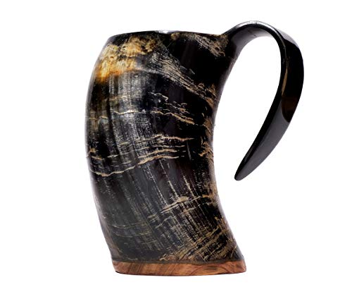 Brillibrum Design Trinkhorn Becher echtes Kuhhorn poliert mit Griff Wikinger Becher Trink-Gefäß aus Horn Bierkrug Mittelalter Unikat Horntasse Met (Kuhhornbecher, 1000 ml) von Brillibrum
