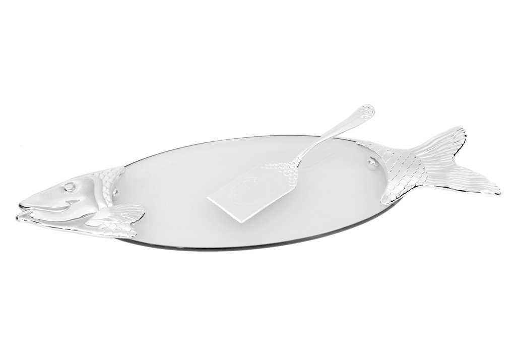 Brillibrum Servierplatte Fischplatte Lachsplatte mit Heber Glas versilbert Servierplatte, 1 von Brillibrum