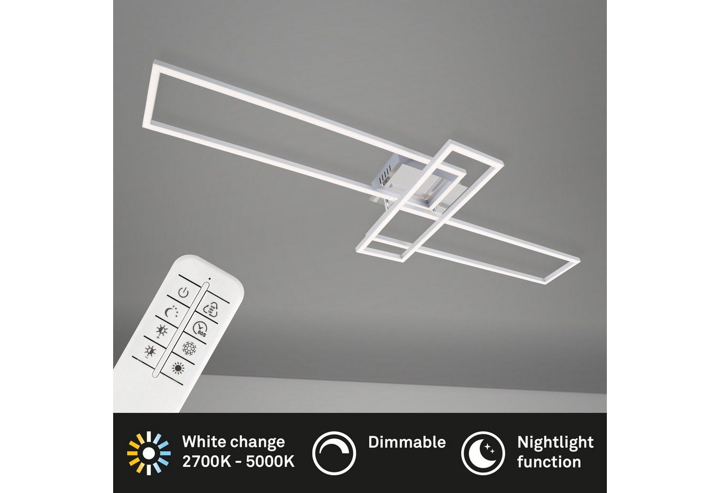 Briloner Leuchten LED Deckenleuchte 3154-018, CCT Farbtemperatursteuerung, Fernbedienung, dimmbar, Nachtlicht, Timer, LED fest verbaut, Kaltweiß, Neutralweiß, Tageslichtweiß, Warmweiß, Deckenlampe, 110x35x10cm, Chrom, 51W, Wohnzimmer, Schlafzimmer, Küche von Briloner Leuchten