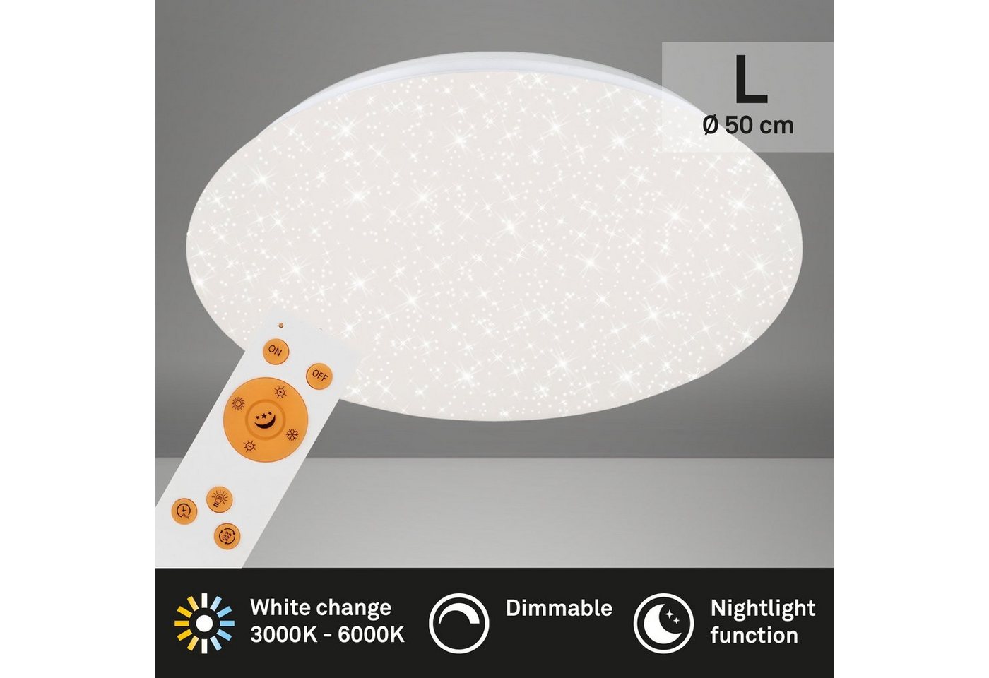 Briloner Leuchten LED Deckenleuchte 3328-016, Sternenhimmel, CCT Farbtemperatursteuerung, Fernbedienung, dimmbar, Nachtlicht, LED fest verbaut, Kaltweiß, Neutralweiß, Tageslichtweiß, Warmweiß, Deckenlampe, 48,5x7,5cm, Weiß, 38W, Wohnzimmer, Schlafzimmer, Küche von Briloner Leuchten