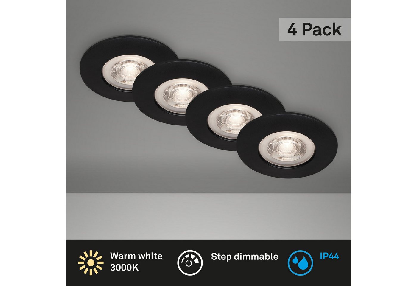 Briloner Leuchten LED Einbaustrahler Einbauleuchten Extra-Warmweiß 4er Set ultraflach dimmfunktion, LED fest integriert, 2700K - Extra - Warmweiß, 4er Set, ultraflach, IP44, Warmweiß 3000K, chrom-matt, 9 cm Briloner Leuchten LED Einbaustrahler Einbauleuchten Extra-Warmweiß 4er Set ultraflach dimmfunktion, LED fest integriert, 2700K - Extra - Warmweiß, 4er Set, ultraflach, IP44, Warmweiß 3000K, chrom-matt, 9 cm von Briloner Leuchten