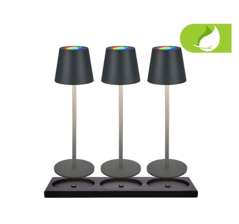 Briloner Leuchten Tischleuchte 3x Tischlampen Akku Ladestationdimmbar touch RGB 7517035, Dimmfunktion, LED fest integriert, 2700K - Extra-Warmweiß, Tischlampe kabellos 36x12cm Anthrazit je 2,5W Wohnzimmer Schlafzimmer von Briloner Leuchten