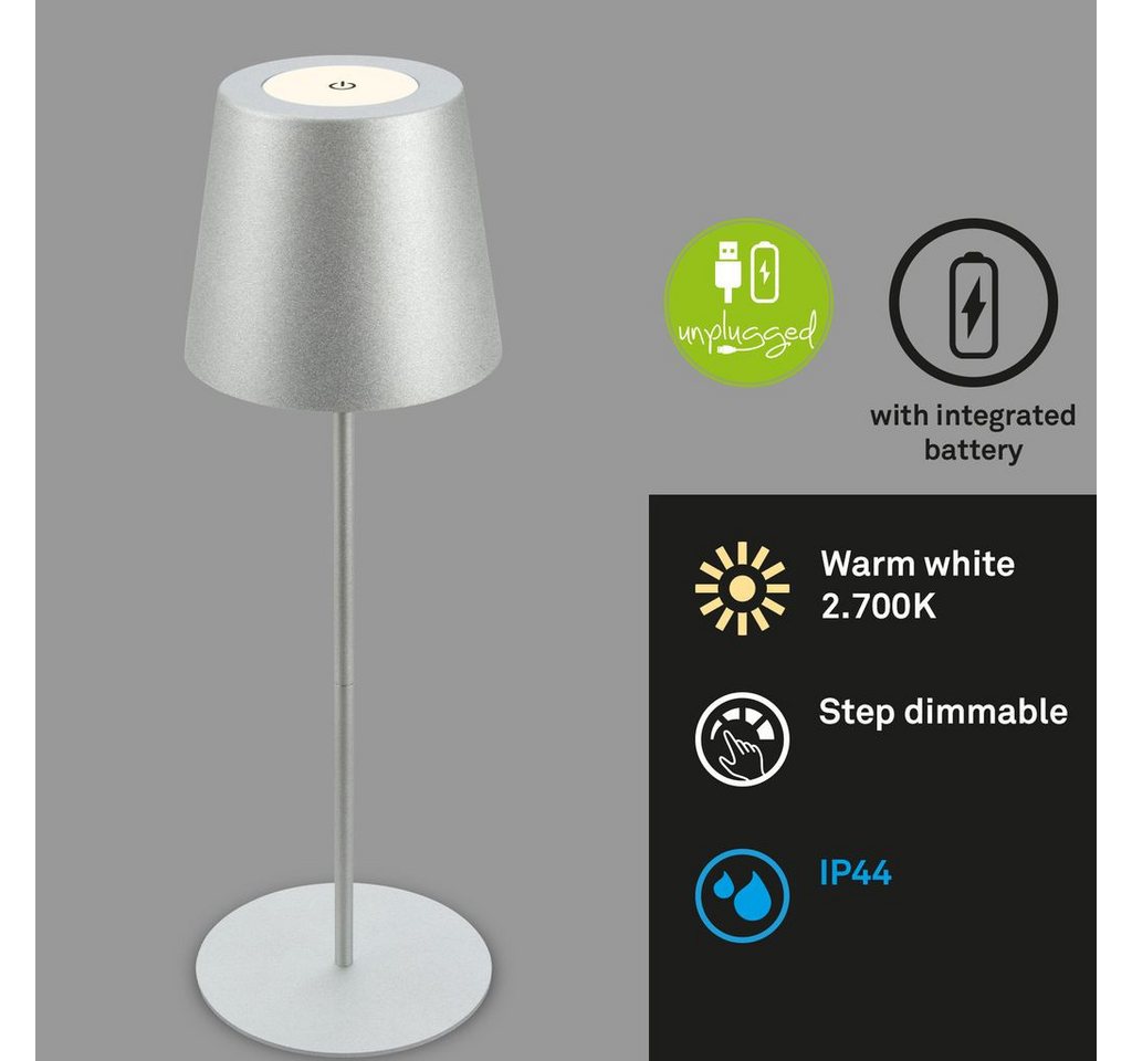 Briloner Leuchten Tischleuchte 7508014, LED fest integriert, 2700K - Extra-Warmweiß, LED Tischlampe kabellos 36x10,5 cm Silberfarbig 2,5W Wohnzimmer von Briloner Leuchten