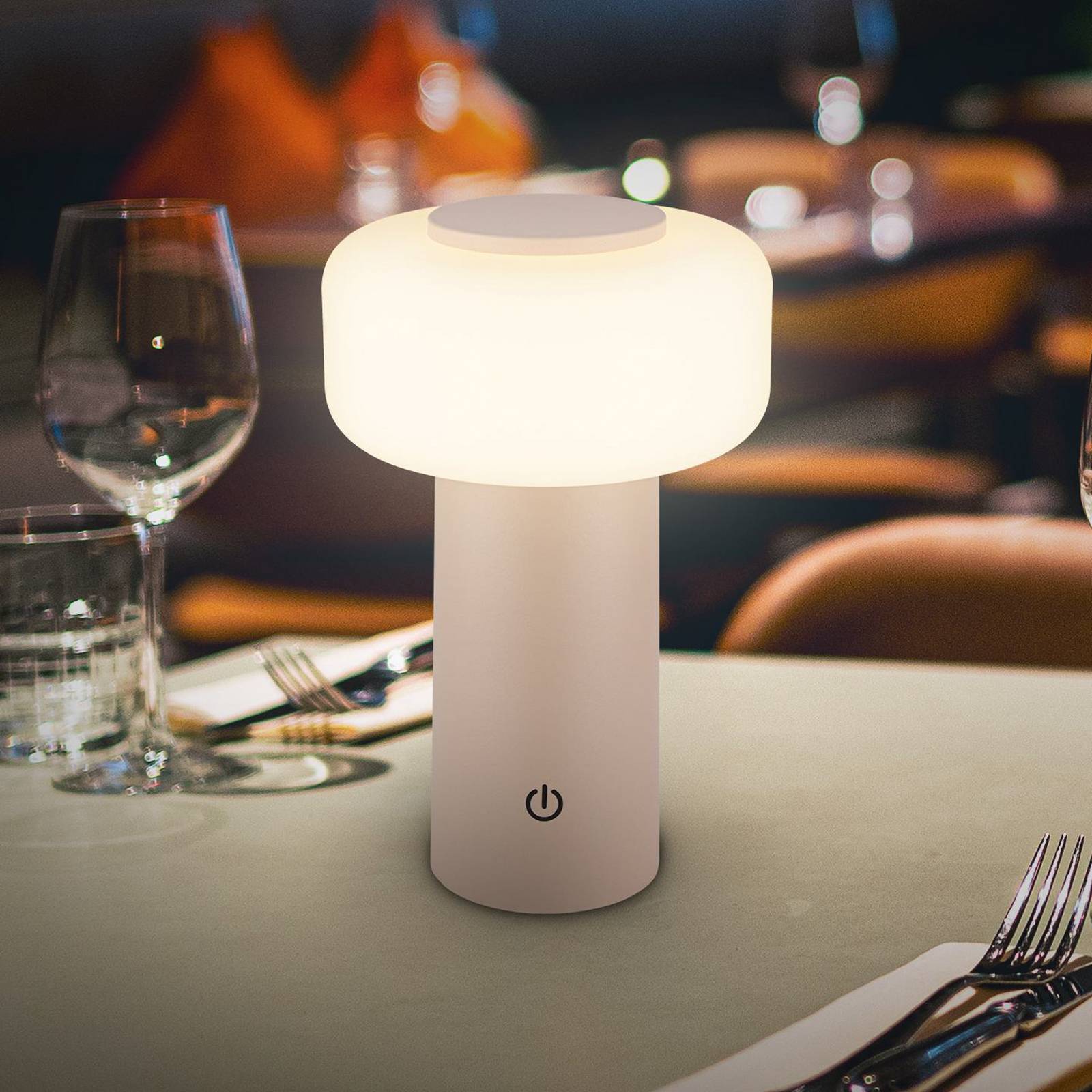 LED-Akku-Tischleuchte Juna, beige, IP44, dimmbar, 20 cm von Briloner