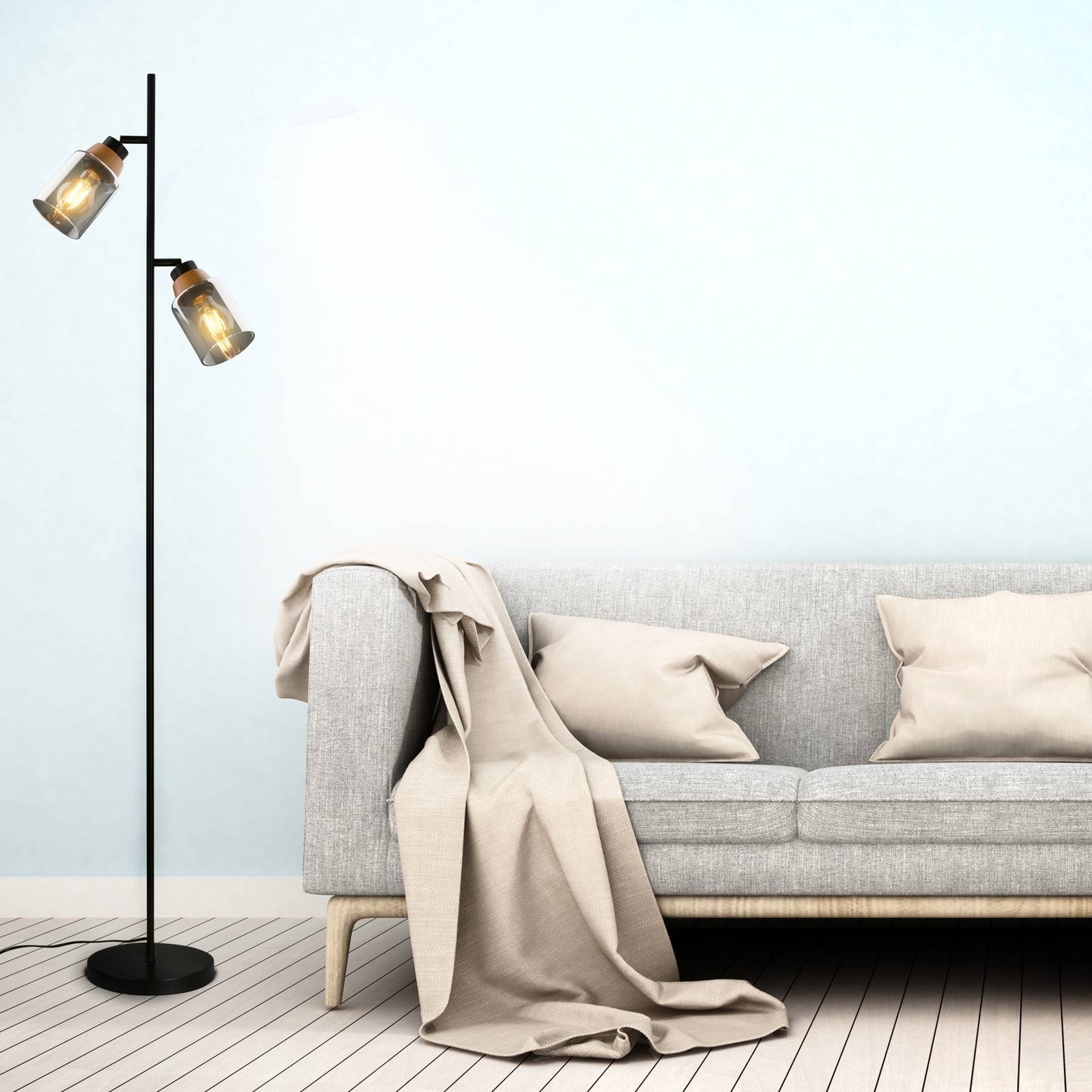 Stehlampe 1486025 zweiflammig, Schirme Rauchglas Stehlampe 1486025 zweiflammig, Schirme Rauchglas von Briloner