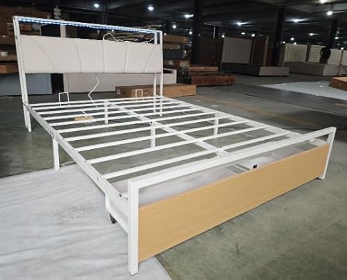 Brinlawb Bett 140x200 mit Lattenrost aus Metall, Bettgestell 140x200cm mit LED Beleuchtung Metallbett 140x200 Weiß von Brinlawb