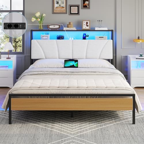 Brinlawb Bett 140x200 mit Lattenrost aus Metall, Bettgestell 140x200cm mit LED Beleuchtung Metallbett 140x200 mit Kopfteil & Ladestation(2 AC-Steckdosen,2 USB-Anschlüsse) Doppelbett, Braun+Weiß von Brinlawb