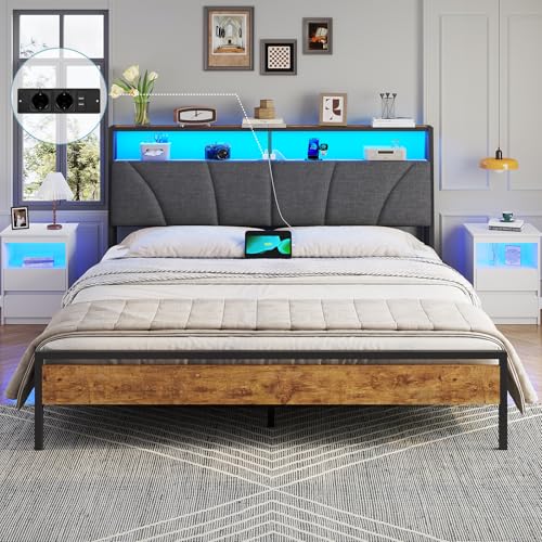 Brinlawb Bett 180x200 mit Lattenrost aus Metall, Doppelbett 180x200 cm mit LED Beleuchtung, Bettgestell 180x200cm Bett mit Kopfteil und Ladestation (2 AC-Steckdosen, 2 USB-Anschlüsse) Modern, Grau von Brinlawb