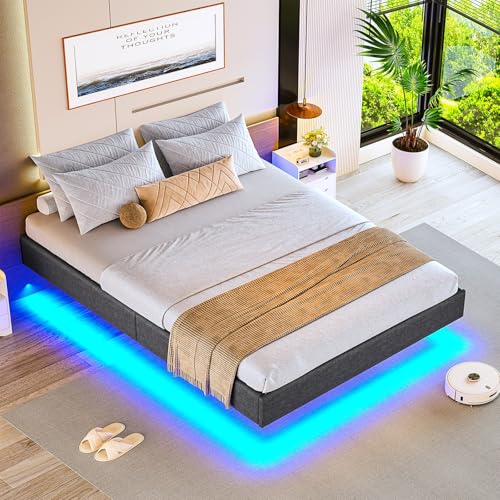 Brinlawb Bett 90x200 mit Lattenrost aus Holz, Bettgestell 90 x 200 cm mit LED Beleuchtung, Gästebett Jugendbett 90x200 cm Einzelbett Schwebebett mit Grauem Leinen, perfekt für Schlafzimmer Gästezimmer von Brinlawb