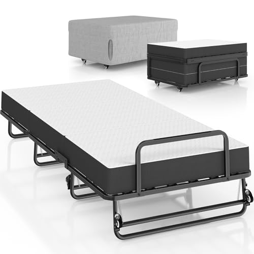 Brinlawb Gästebett Klappbar 90x200 cm mit 10cm Dicker Matratze Klappbett 90x200 Erwachsene Stabiler Bettrahmen aus Metall mit 4 360° drehbare Räder, Vielseitiger 2-in-1-Einsatz, Einzelbett & Sofa von Brinlawb