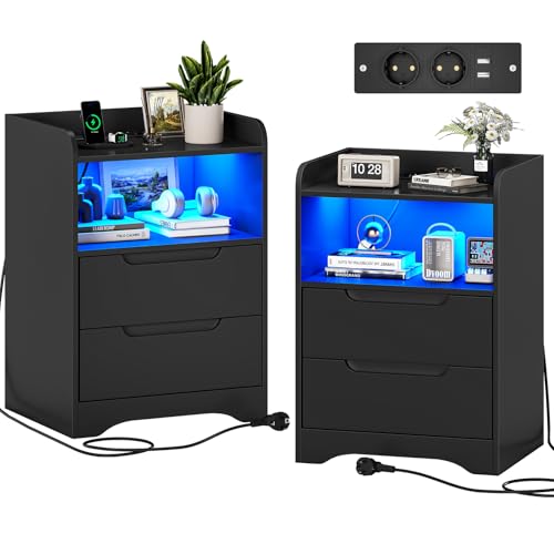 Brinlawb Nachttisch 2er Set Nachttische mit Ladefunktion und LED-Licht Nachtschrank 2er Set mit 2 Schubladen Nachttisch Schwarz Beistelltisch Schwarz Couchtisch Sofatisch für Schlafzimmer, Wohnzimmer Brinlawb Nachttisch 2er Set Nachttische mit Ladefunktion und LED-Licht Nachtschrank 2er Set mit 2 Schubladen Nachttisch Schwarz Beistelltisch Schwarz Couchtisch Sofatisch für Schlafzimmer, Wohnzimmer von Brinlawb
