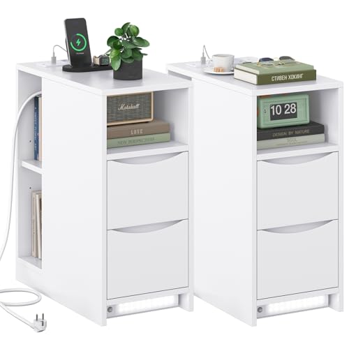 Brinlawb Nachttisch 2er Set mit Ladefunktion und LED-Beleuchtung, Nachttisch Schmal Nachtschrank 2er Set mit 3 offenen Fächern, 2 Schubladen, Beistelltisch Schmal Sofatisch für Schlafzimmer Wohnzimmer Brinlawb Nachttisch 2er Set mit Ladefunktion und LED-Beleuchtung, Nachttisch Schmal Nachtschrank 2er Set mit 3 offenen Fächern, 2 Schubladen, Beistelltisch Schmal Sofatisch für Schlafzimmer Wohnzimmer von Brinlawb