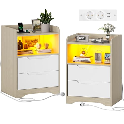Brinlawb Nachttisch 2er Set mit Ladefunktion und LED-Licht Nachtschrank 2er Set mit 2 Schubladen und 1 Offenes Fach Beistelltisch für Schlafzimmer, Wohnzimmer, Einfache Montage, Modern, Hell Eiche Brinlawb Nachttisch 2er Set mit Ladefunktion und LED-Licht Nachtschrank 2er Set mit 2 Schubladen und 1 Offenes Fach Beistelltisch für Schlafzimmer, Wohnzimmer, Einfache Montage, Modern, Hell Eiche von Brinlawb